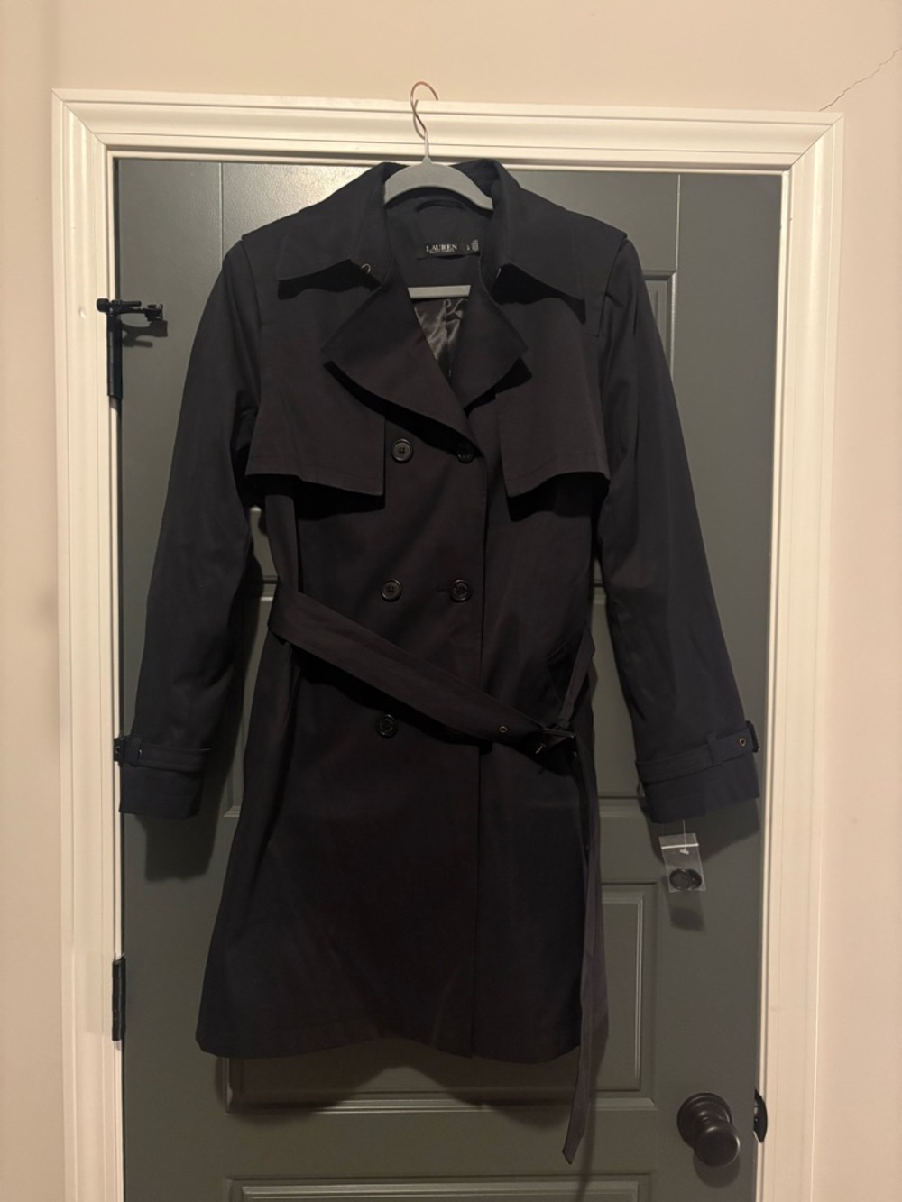 Lauren Ralph Lauren Black Trench Coat Belted Double Breasted Size L